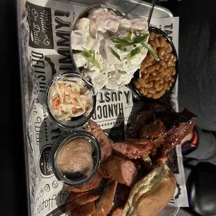 Brisket, sausage, root beer baked beans and sour cream and chive potato salad