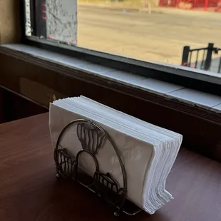 Table napkins and front window