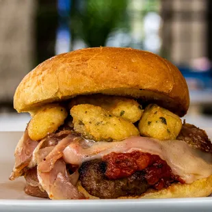 a closeup of a meat and cheese sandwich