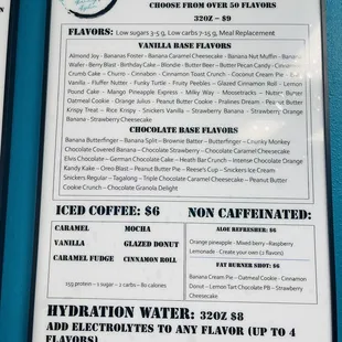 a menu for a variety of beverages
