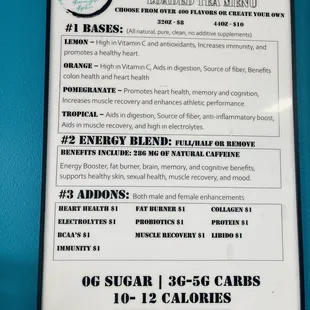 a menu for a variety of foods