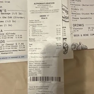 Receipts and examples of take out menus