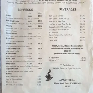 Menu, beverages