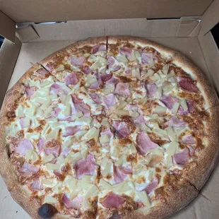 18&quot; Cheese Pizza ($17.95) add Ham ($2.95) and Pineapple ($2.95) - we ordered it well done