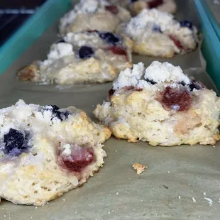 blueberry scones on a baking sheet