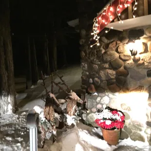 the entrance to the lodge at night