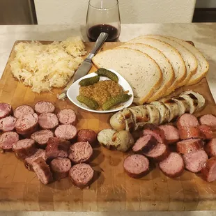 a variety of sausages and bread