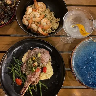 Pork chop, shrimp and linguine