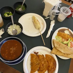 Birria tacos and soup, quesadilla dorda, and elote