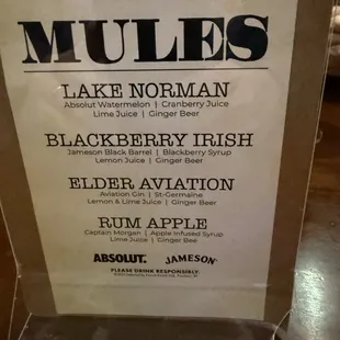 Mules Menu