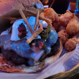 Nacho Mama's burger and tots