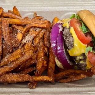 Classic burger, sweet potato fries