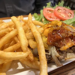 Western Burger, onion rings and BBQ. Fries included