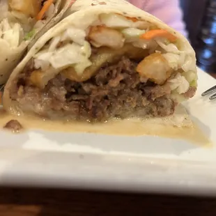 Steak wrap Coleslaw and French fries in it