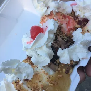 Banana  split. They use chocolate ice cream under the fudge!!