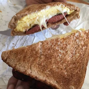 Hot sausage egg and cheese on wheat