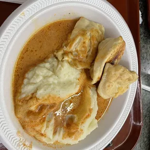Pierogi plate with mashed potatoes.