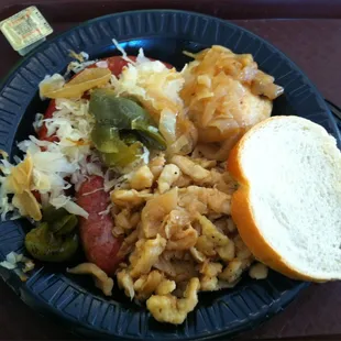 Mild and hot Hungarian sausage, homemade pierogie, dumplings with cabbage.