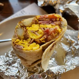 Ham and swiss breakfast burrito