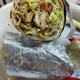 Chicken "schwarma" wrap with charged-for garlic sauce (can you see it?).