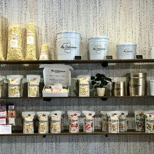 a variety of popcorns on shelves