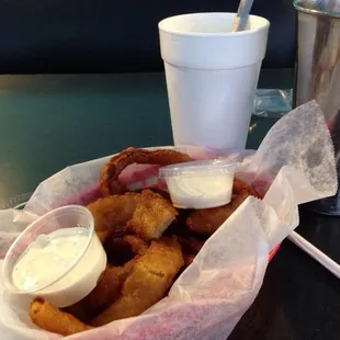 A chocolate shake and onion rings.