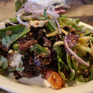 Al&apos;s Raked Out Salad. Greens, Tomato &amp; Artichokes, Red Onion, Goat Cheese, Craisins, Almonds, Sherry Vinaigrette