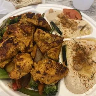 Grilled vegetables, chicken and hummus