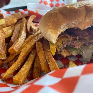 Bacon cheeseburger and fries