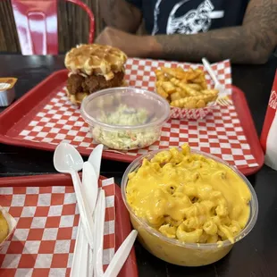 Waffle sandwich and Mac n cheese