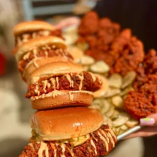 a hand holding a tray of hot dogs