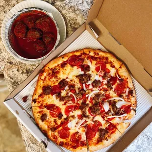 NYC Special: Pepperoni, sausage, onion, double cheese, fresh garlic / $21.50 (14&quot; large) + Meatballs / $6.75