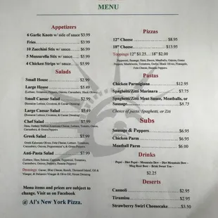 Menu as of 1/21/18