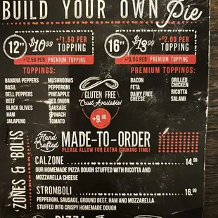 a menu for a pizza