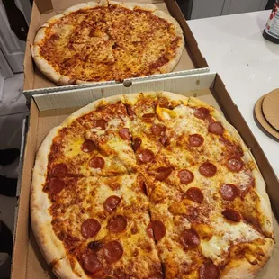 Cheese pizza and pepperoni pizza