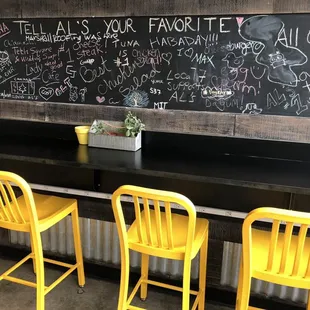 yellow chairs and a chalkboard