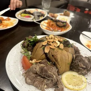 Lamb Maklouba, Moussaka, Fried Kibbeh