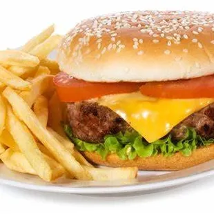 a hamburger and french fries