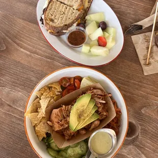 Breakfast torta with bacon, Puro Pinche Parri salad with creamy jalapeño dressing + vegan adovada