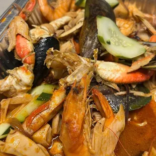 a seafood dish in a pan