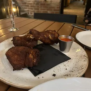 Fried chicken and hot sauce.