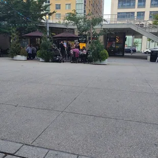 a group of people eating outside