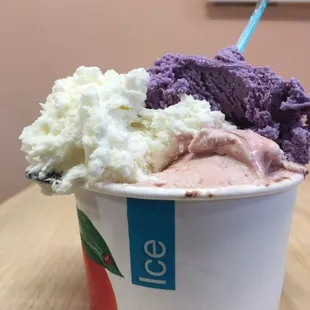 Coconut, raspberry chocolate, and ube
