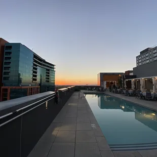 Rooftop bar at sunset.