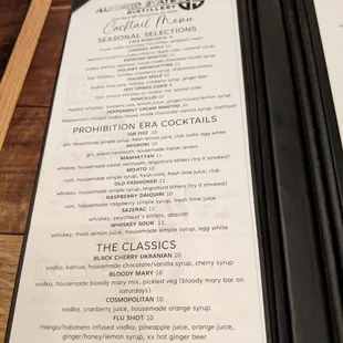 the menu and prices