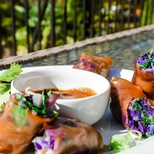a plate of vegetable spring rolls with dipping sauce