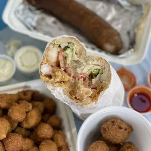 Southern Cajun Shrimp P Boy, Smoke Pork Boudin, Southern Breaded Okra &amp; Southern HushPuppies - IG: @nelson_eats