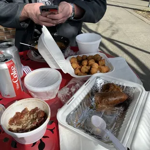 Smoked boudin, red beans and rice, fried okra, gumbo.