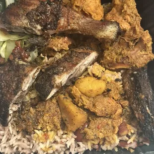 Jerk &amp; curry chicken with cabbage and Rice and Peas