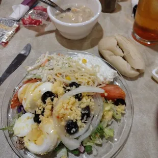 Salad bar and tasty clam chowder! Notice homemade eggs! Not from a carton.